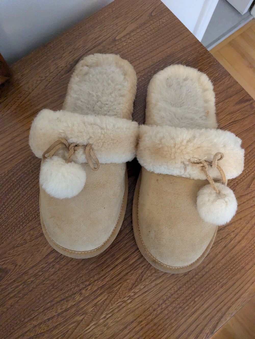 Real Suede Shearling Slippers With Cute Shearling Pom Poms